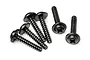 A group of six black metal washer head screws with coarse threads arranged on a white background.