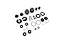 Disassembled parts for an RC Maker XS linear shock set including caps, washers, o-rings, and screws laid out on a white background.
