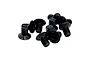 A cluster of black metal countersunk screws with hex socket heads against a plain white background.