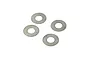 Four small silver metal shims or flat washers laid out on a plain white background.
