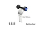 GPM stainless steel RC wheelie bar with blue aluminum wheels and four screws against a white background.