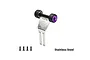 GPM stainless steel wheelie bar with purple aluminum wheels and mounting screws on a white background.