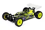 TLR 22X-4 2.0 DC 1/10 scale 4WD electric off-road RC buggy with painted body and yellow wheels on a white background.