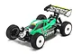 Studio product shot of the Kyosho Inferno MP10e 1/8 scale electric brushless 4WD RC buggy in green with white wheels.