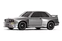 Studio product photo of a grey 1989 BMW M3 RC drift car viewed from a front three-quarter angle against a plain white background.