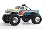 FMS Ford F-100 RS RC monster truck in beige and blue with retro stripes, viewed from the side against a white background.