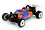 Studio shot of Hobby Plus Speck-B 1/24 scale electric 2WD RC buggy in orange and purple with white wheels against a white background.
