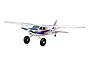 FMS Kingfisher 1.4m RC airplane with large tundra wheels, blue and white livery, and propeller against a white background.