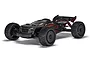 Studio shot of the ARRMA Talion 4X4 6S BLX RC truggy in black with red accents, viewed from a low front-three-quarter angle.