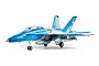 FMS RC F/A-18 Hornet jet plane model in blue and white livery, viewed from a side angle on a white background.