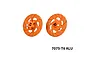 Two orange anodised aluminium brake disc wheel hexes shown from front and rear angles against a plain white background.