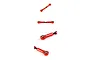 Four perspective views of a red anodized aluminium RC steering servo tie rod with metal ball ends on a white background.