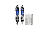 GPM Aluminium 74mm Rear Adjustable Shocks in blue and black, featuring two assembled shock absorbers and two spare springs against a white background.