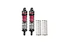 Two red and black aluminium RC shock absorbers with black springs and two spare springs against a white background.