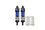 GPM aluminium 62mm front adjustable shocks in blue with additional springs shown against a white background.