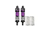 GPM Aluminium 62mm Front Adjustable Shocks in purple and black, with extra springs on a clean white background.