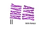 GPM Racing purple anodised aluminium suspension arm set laid out on a white background with two hinge pins and text reading 7075-T6 ALU.