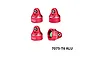 Four red anodized aluminium shock caps with silver chamfered edges and branded logos on a clean white background.