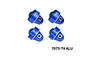 Four blue anodized aluminium shock caps with ball joints, displayed against a clean white background.