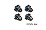 Four black aluminium shock caps with blue inserts and silver metal collars from GPM Racing, displayed on a white background.
