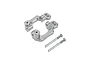 Two grey aluminium hub carriers and two matching metal screws isolated on a clean white background.