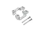 Two silver aluminium RC hub carriers and two steel screws displayed against a clean white background.