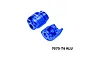 Two blue anodized aluminium shock cap protectors with machined details and branding text against a plain white background.