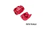 Two red anodised aluminium shock cap protectors with engraved GPM Racing branding against a plain white background.