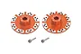 Two orange anodised aluminium brake disc wheel hexes with silver accents and two threaded pins on a white background.