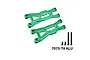 GPM green aluminium front lower suspension arms set with mounting hardware on white background.