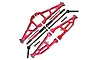 GPM red aluminium suspension arms with metal driveshafts, turnbuckles, and mounting hardware laid out on a white background.