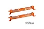 Two orange anodized aluminium battery hold-down straps from GPM Racing against a plain white background.