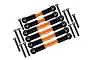 GPM Aluminium Complete Adjustable Turnbuckle Set in orange with black plastic rod ends and mounting screws on a white background.