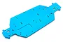 A blue anodized aluminium RC car chassis plate with multiple mounting holes and a recessed section, viewed from an elevated angle against a white background.