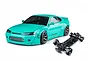 MST mint green S15RB remote control drift car body shell displayed next to its black RC chassis on a white background.