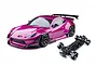 MST GR86RB magenta radio-controlled drift car with body shell on and a separate black RC chassis shown on a white background.