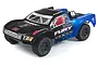 ARRMA Fury Mega 1/10 scale RC short course truck with a black and blue body, featuring sponsor decals and black off-road wheels.