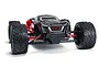 Front view of the ARRMA Fazon BLX 1/8 scale RC truggy featuring a black and red body, aggressive treaded tires, and red suspension arms.