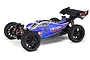 ARRMA Typhon 6S BLX 1/8 scale electric RC buggy in blue and silver livery, viewed from a three-quarter angle against a white background.