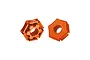Two orange anodised aluminium wheel hex adapters with claw design and engraved +3MM text on a plain white background.