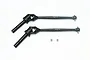 Two black metal front CVD driveshafts and two small grub screws laid out on a plain white background.