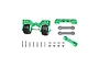 GPM aluminium complete adjustable rear wheelie bar in green, showing assembled dual wheels, mounting brackets, flat plates, screws, washers, and nuts on a white background.