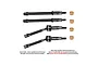 GPM black carbon steel front and rear driveshafts set with brass bushings and text notes on a white background.