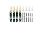 GPM Aluminium 26mm adjustable shocks in green and black with extra springs, mounting balls, and screws arranged on a white background.