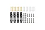 GPM aluminium adjustable shocks set including four dampers, extra springs, mounting screws, and ball ends on a white background.
