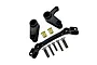 GPM aluminium steering bell crank and drag link assembly in black with mounting hardware laid out on white.