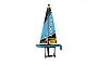 Joysway Focus V3 blue RC sailboat on a black display stand against a white background.