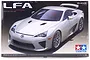Tamiya 1/24 scale Lexus LFA plastic model kit box art showing a silver sports car on a black background.