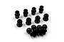 A set of twelve black steel pivot balls and threaded ball studs arranged on a white background.