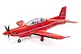 Studio shot of a red E-Flite Pilatus PC-21 RC airplane with white markings, cockpit pilots, and landing gear against a white background.